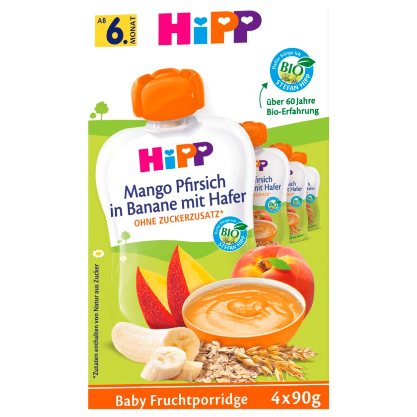 Hipp Bio Frucht-Porridge Mango-Pfirsich in Banane mit Hafer 4x90g